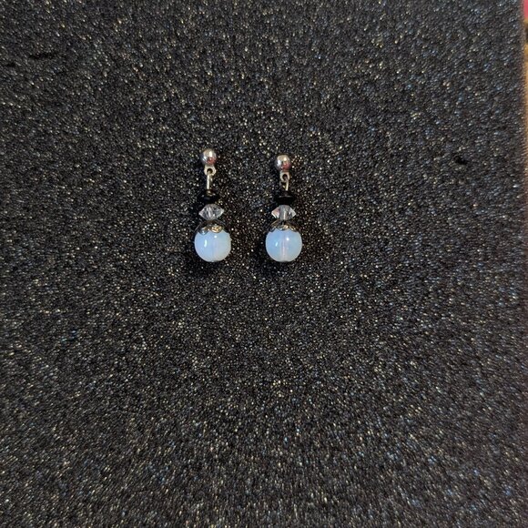 Moonstone Earrings Blue Rainbow Glass Bead Dangle Dainty Art Deco Victorian - Picture 6 of 6